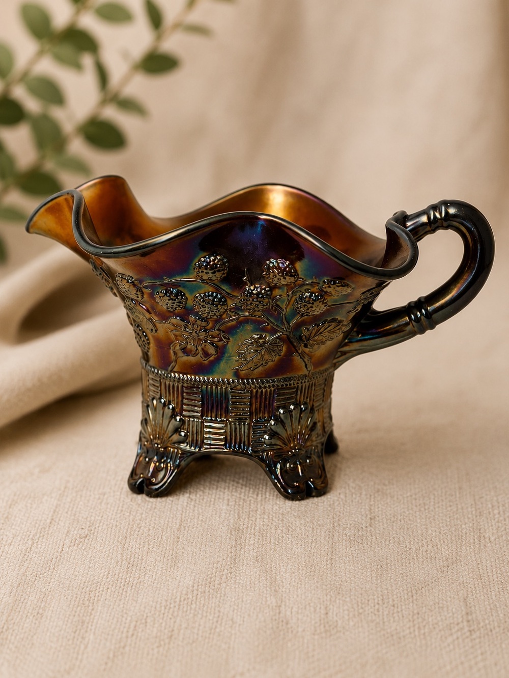Antique Northwood Amethyst Carnival Gravy Boat in Raspberry Pattern 1911-25